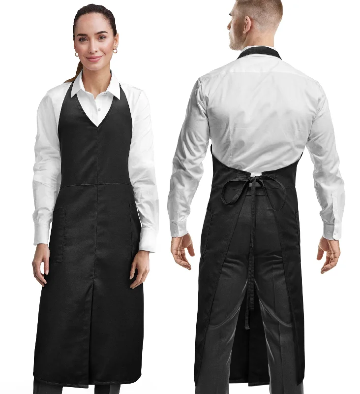 V Neck Long Apron Tuxedo Style - Front Slit, 2 Pockets - Server, Waiter, Chef, Bistrot, Restaurant