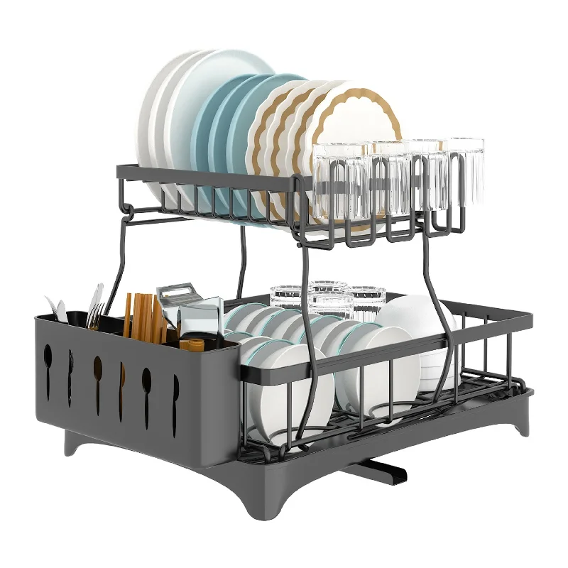 2-Tier Dish Drying Rack with Detachable Drainboard Utensil Holder