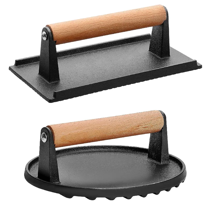 2Pcs Cast Iron Grill Press Pre-Seasoned with Wood Handle