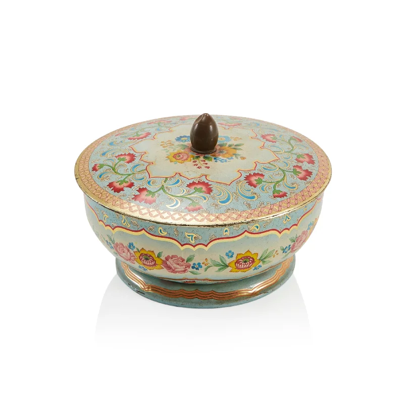 Blue Light Floral Tin Bowl with Lid (A+D)