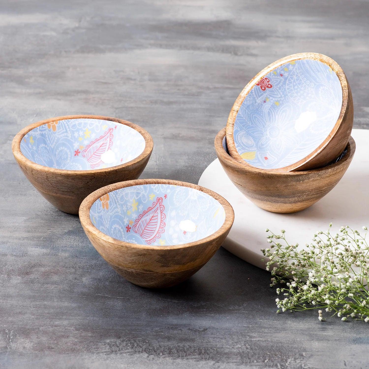 Blue Enamel Print Hand Crafted Wooden Rice Bowl