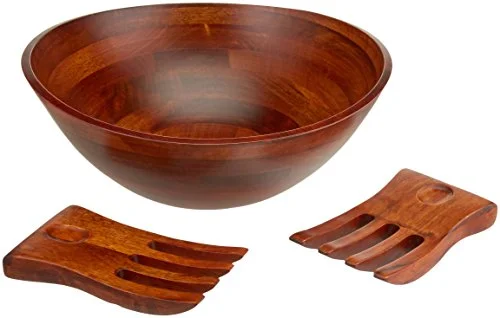 Cherry Finished Wavy Rim Serving Bowl with 2 Salad Hands, Large, 13" x 12.5" x 5", 3-Piece Set