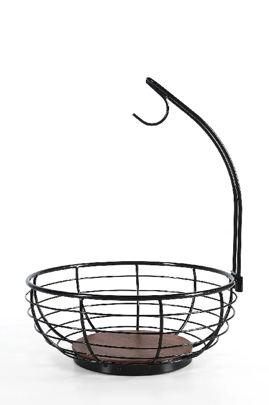 Classic Tabletop Wire Banana Fruit Basket Bowl Stand With Wooden Base