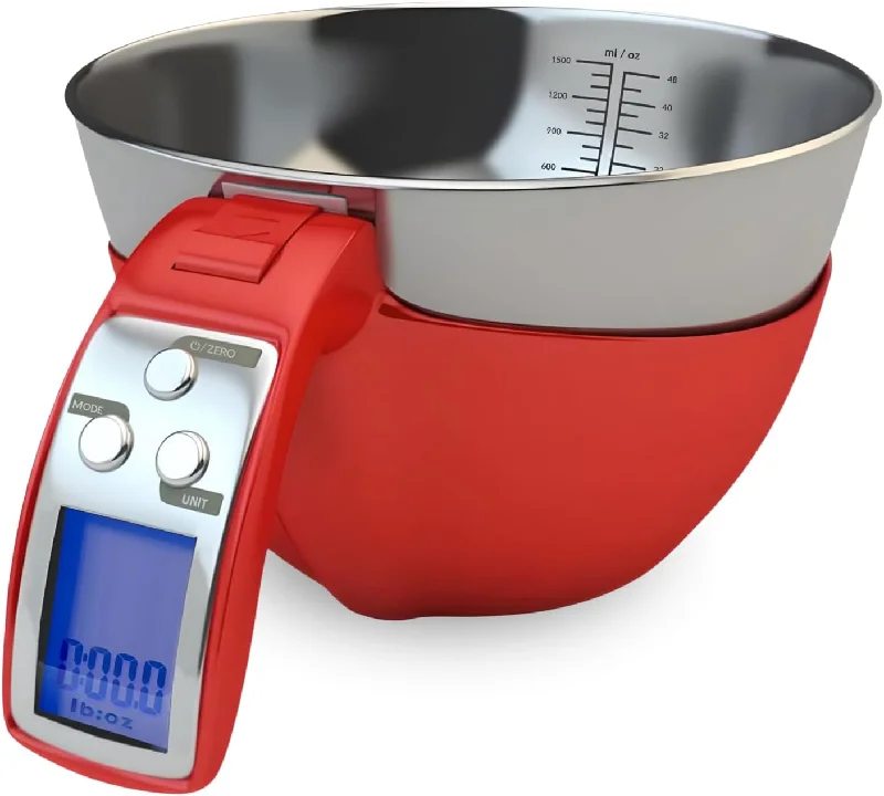 Digital Kitchen Food Scale with Removable Bowl and Measuring Cup (Red)