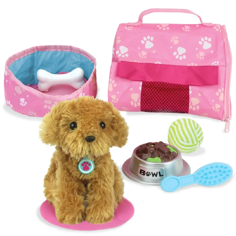 Golden Plush Puppy Dog And Accessories Set With Leash, Food Bowl, Brush, Ba