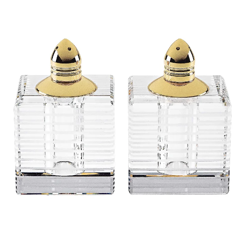 3" Clear Optical Stripe Cut Crystal and Gold Salt and Pepper Shakers