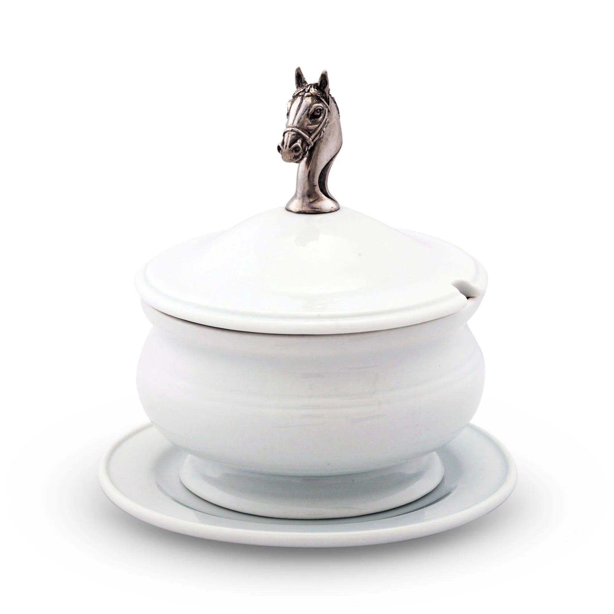 Horse Head Porcelain Lidded Bowl