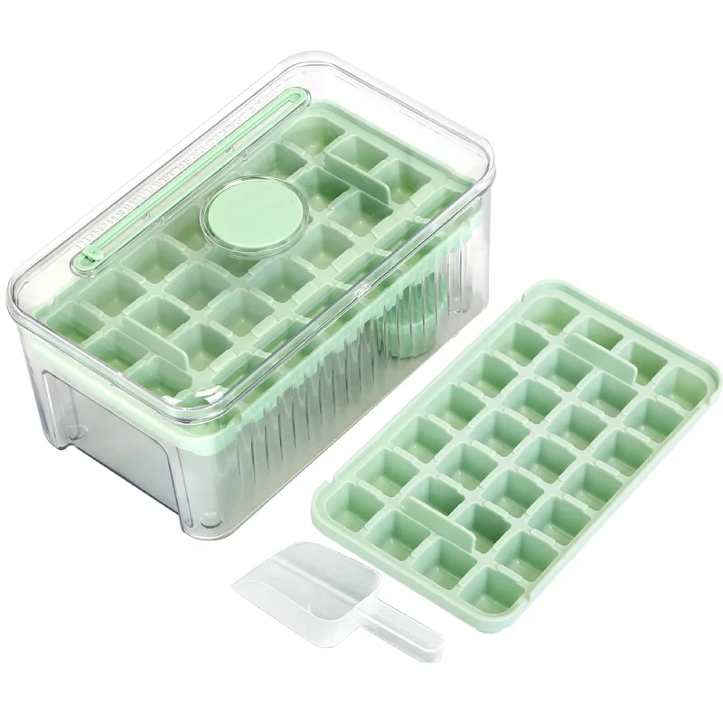 Ice Cube Tray with Lid and Bin Plastic 2 Trays with Scoop