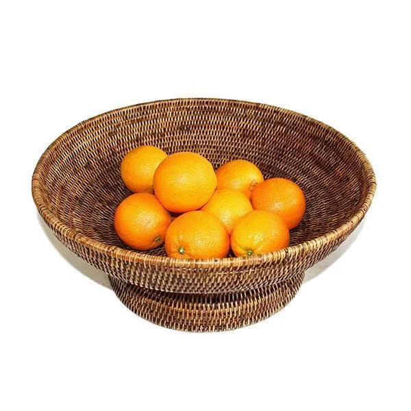 Rattan Large Round Fruit Pedestal Basket Bowl 17"