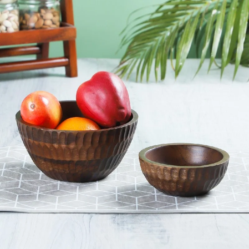 Solid Wood Carved Crust Serving + Snack Bowl Set