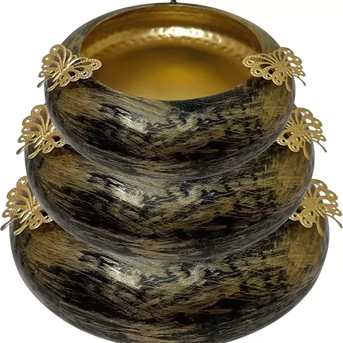 Soothing Interiors Tyre Shape Urli Hammered Bowl with 3 Butterfly on top of each Urli