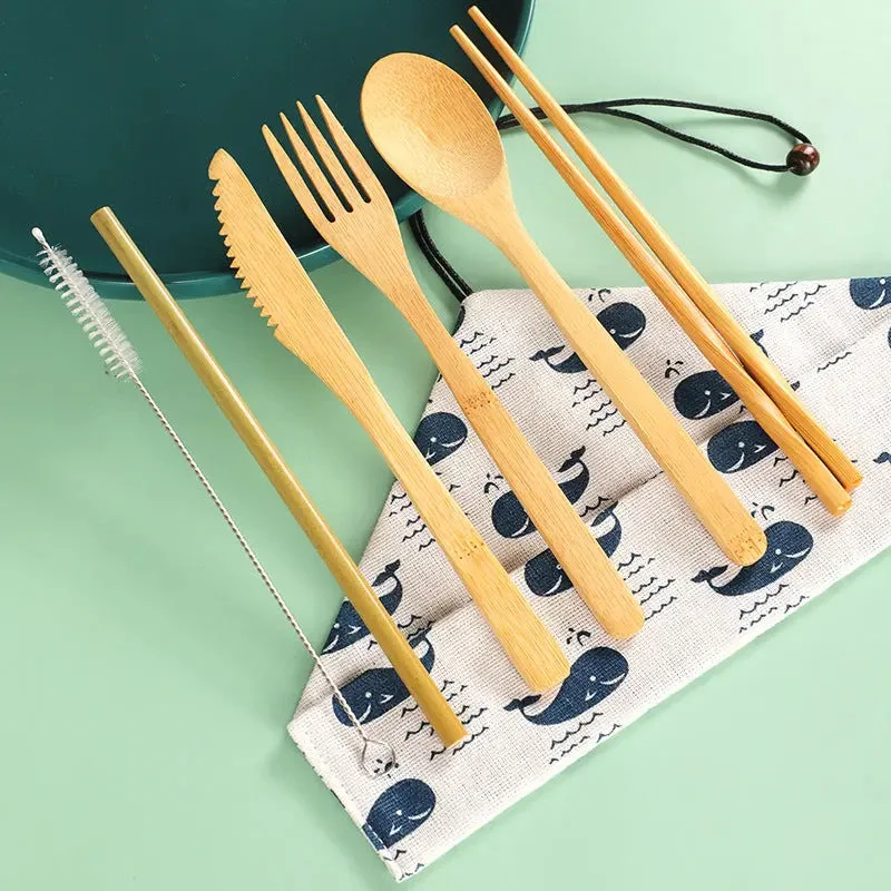 Bamboo Cutlery Fork Knife Spoon Chopstick Straw Set Dinnerware Utensils Picnic Set Eco Portable Reusable BUT06