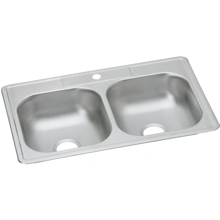 Kitchen Sink Dayton 33 x 22 Inch Double Bowl Equal 1 Hole ADA Satin Top Mount Rectangle Drain Location Center Depth 6-4/7 Inch Bottom Only Pads