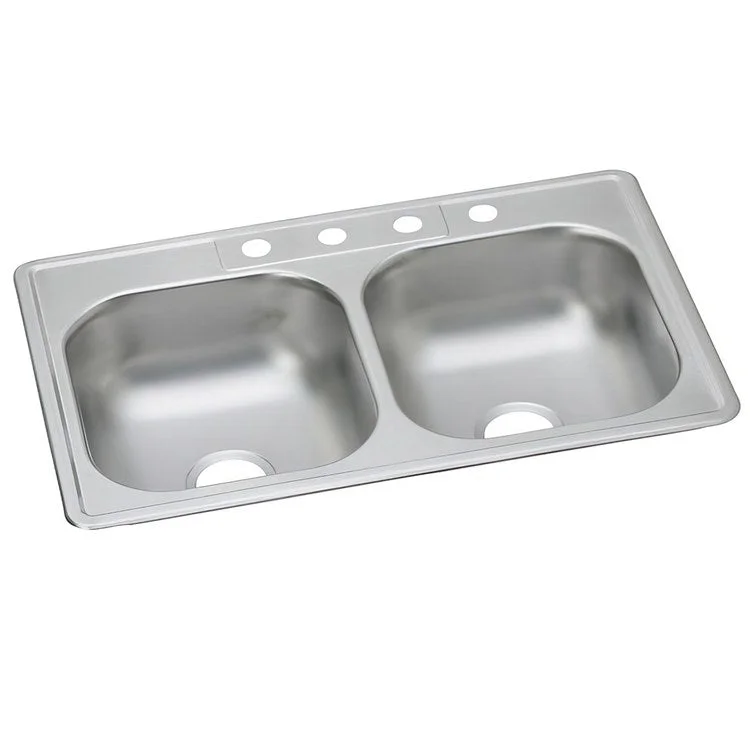 Kitchen Sink Dayton 33 x 22 Inch Double Bowl Equal 1 Hole Satin Top Mount Drain Location Center Bottom Only Spray