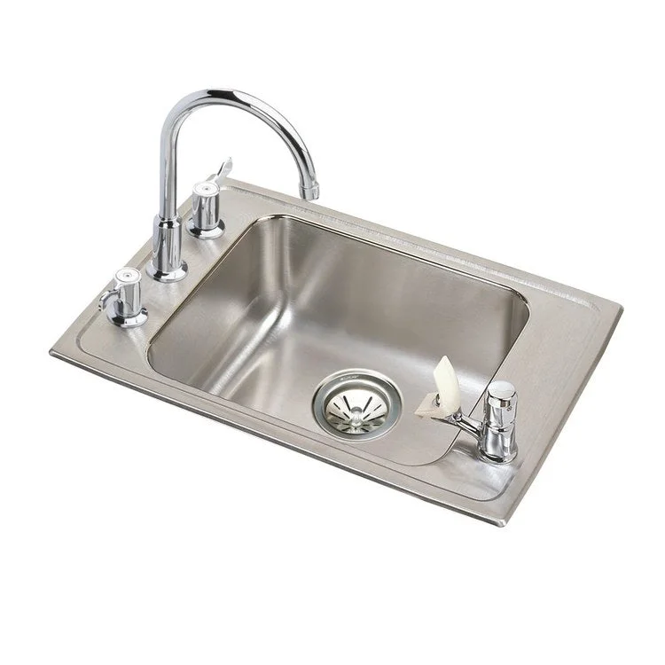 Classroom Sink Lustertone 22 x 19.5 Inch Single Bowl ADA Rectangular Faucet and Bubbler Kit 4 Hole Lustrous Satin Drop-In Minimum Cabinet Size 27 Inch 4 Inch 18 Gauge Bottom Only Pads LKD2439C Faucet LK1141A Bubbler LK35 Strainer