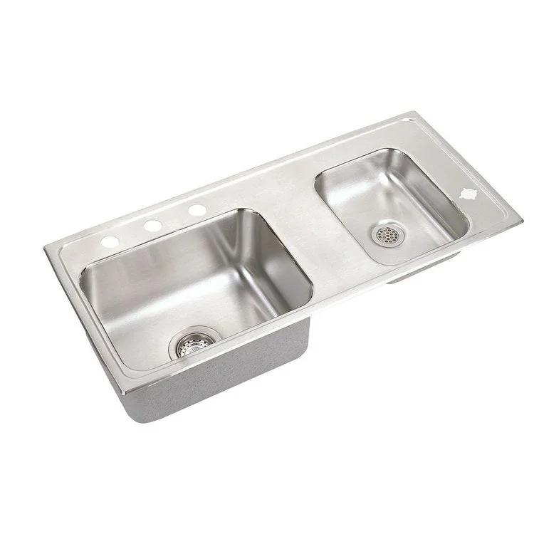 Classroom Sink Lustertone 37.25 x 17 Inch Double Bowl ADA Right 4 Hole Lustrous Satin Drop-In Minimum Cabinet Size 42 Inch 5-1/2 Inch Quick Clip Mounting System 18 Gauge Bottom Only Pads Mounting Hardware Included for Up to 3/4IN Countertop