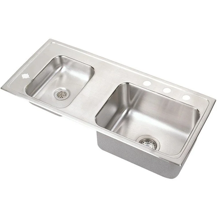 Classroom Sink Lustertone 37.25 x 17 Inch Double Bowl ADA Left 4 Hole Lustrous Satin Drop-In Minimum Cabinet Size 42 Inch 6 Inch Quick Clip Mounting System 18 Gauge Bottom Only Pads Mounting Hardware Included for Up to 3/4IN Countertop