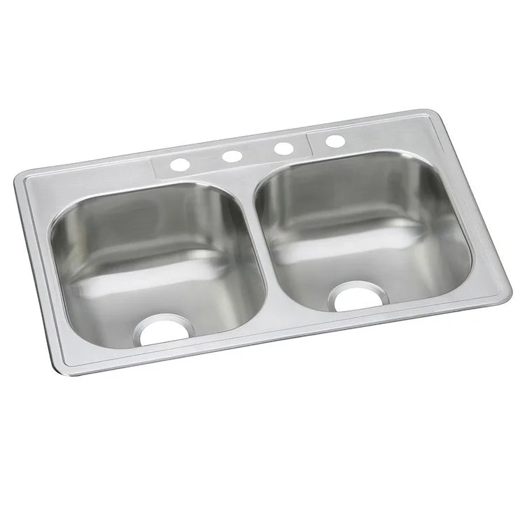 Kitchen Sink Dayton 33 x 22 Inch Double Bowl Equal 4 Hole Elite Satin Drop-In Drain Location Center Multiple of 40 Bottom Only Pads