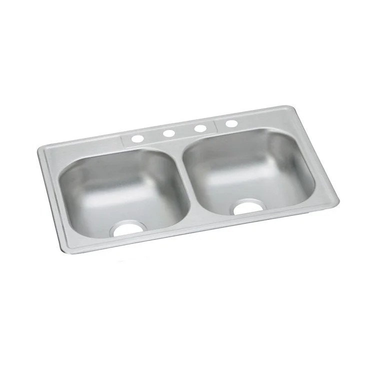 Kitchen Sink Dayton 33 x 22 Inch Double Bowl Equal 2 Hole ADA Satin Drop-In Rectangle Drain Location Center Depth 6-4/7 Inch Multiple of 50 Bottom Only Pads