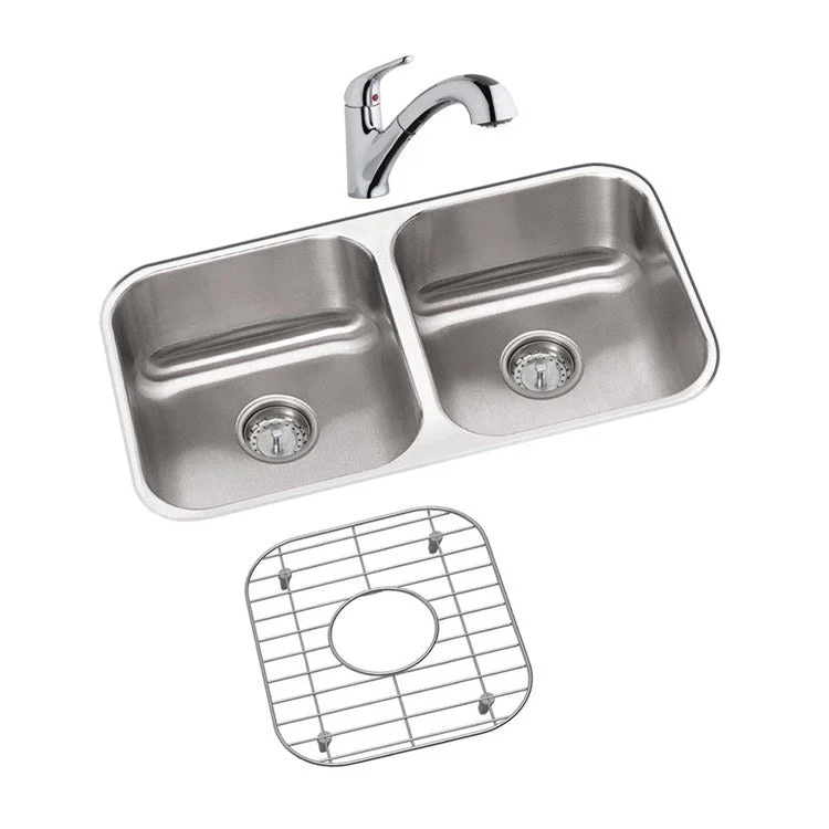 Sink Kit Dayton Equal 31.75 x 18.25 Inch Double Bowl Radiant Satin Faucet Bottom Grid Two Drains