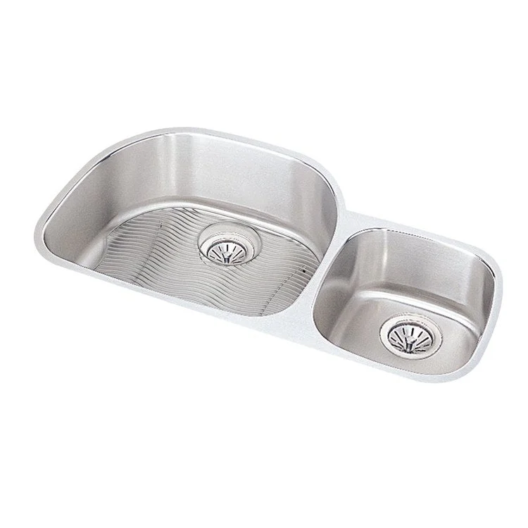 Sink Kit Lustertone Classic Offset 60/40 36.25 x 21.125 Inch Double Bowl Lustrous Satin One LKWOBG2118SS Bottom Grid One LK99 Drain