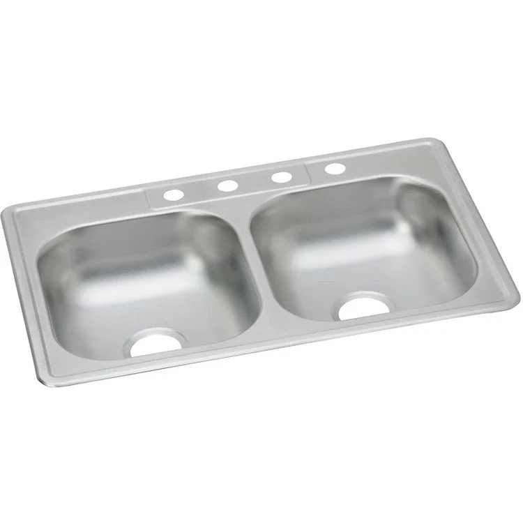 Kitchen Sink Dayton 33 x 22 Inch Double Bowl Equal 2 Hole ADA Satin Drop-In Rectangle Drain Location Center Depth 6 Inch Bottom Only Pads