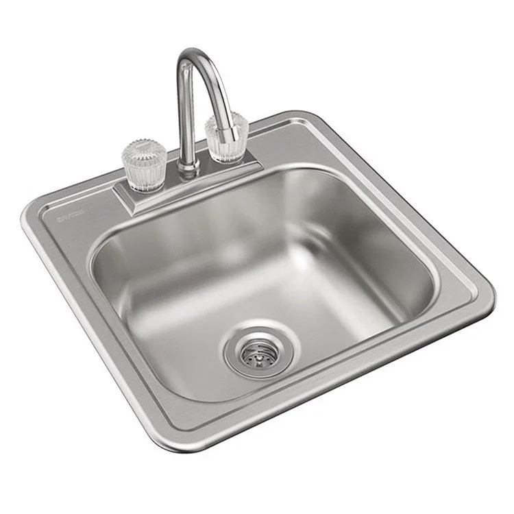 Bar Sink Kingsford 15 x 15 Inch Single Bowl Faucet Kit with Drain Opening 2 Hole Satin Drop-In Square Drain Size 2 Inch