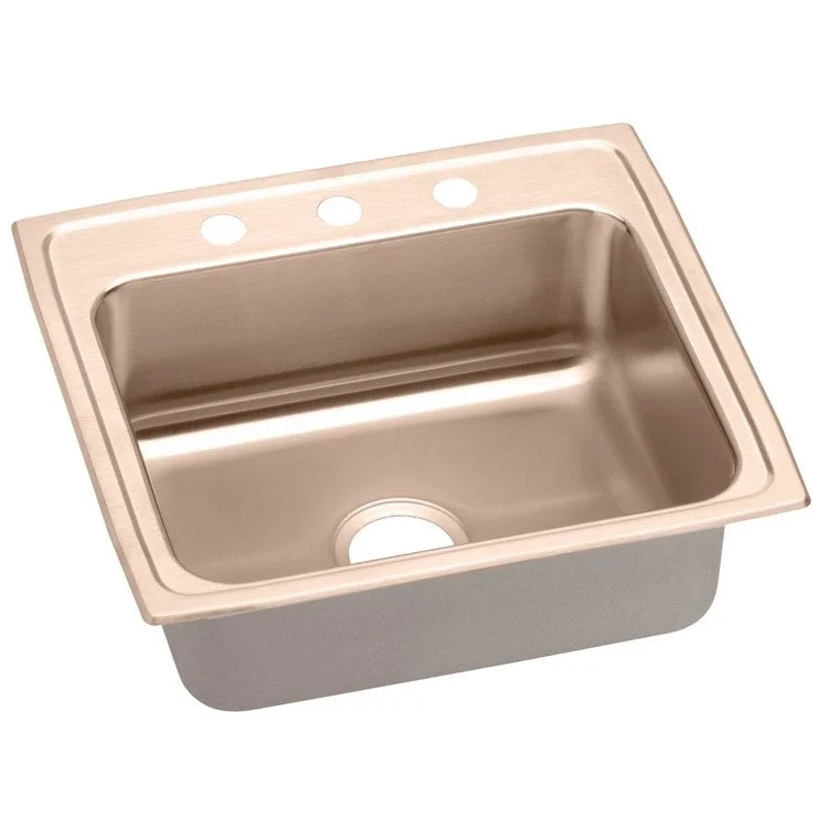 Kitchen Sink 22 x 19.5 Inch Single Bowl 4 Hole Copper Drop-In CuVerro Antimicrobial Copper Drain Location Center Full Spray Sides and Bottom