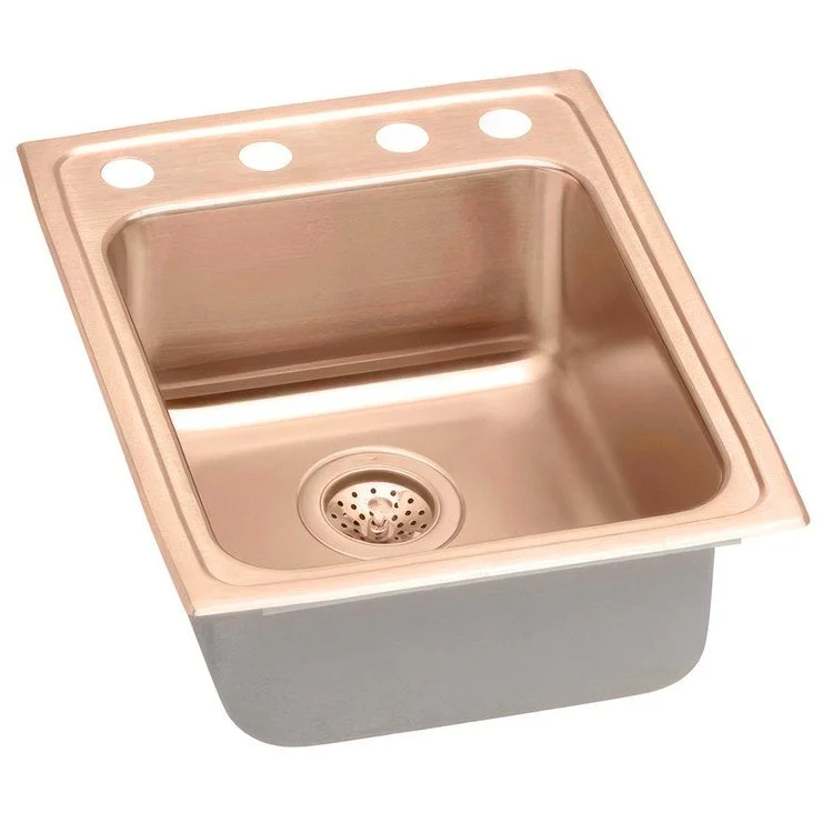 Kitchen Sink 17 x 22 Inch Single Bowl OS4 Hole ADA Copper Drop-In Rectangle Drain Location Rear Center Depth 4-1/2 Inch Bottom Only Pads