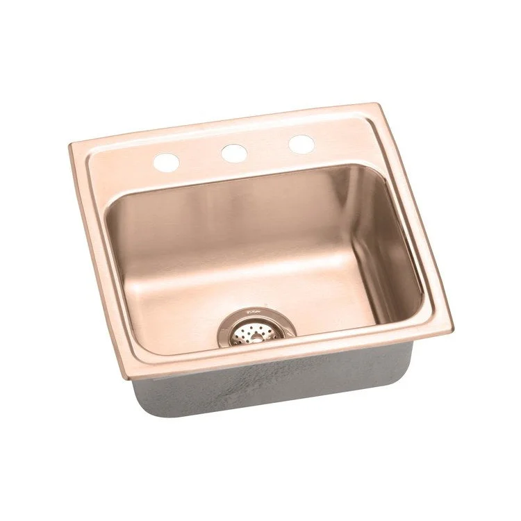 Kitchen Sink 19.5 x 19 Inch Single Bowl 2 Hole ADA Copper Drop-In Rectangle Drain Location Rear Center Depth 5 Inch Bottom Only Pads