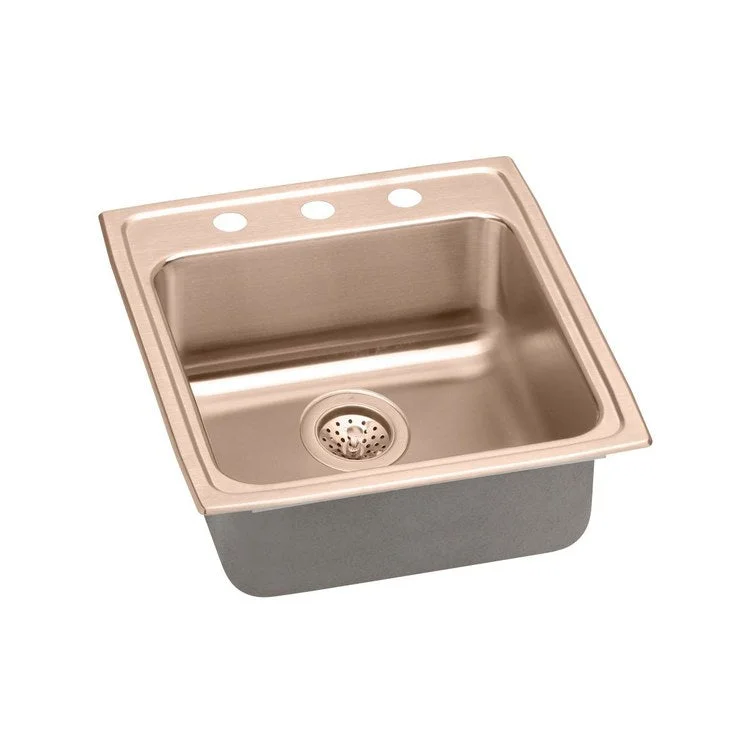 Kitchen Sink 19.5 x 22 Inch Single Bowl 2 Hole ADA Copper Drop-In Rectangle Drain Location Rear Center Depth 4 Inch Bottom Only Pads