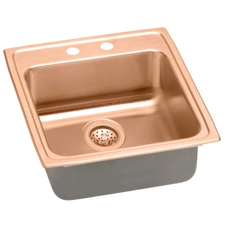 Kitchen Sink 19.5 x 22 Inch Single Bowl 2 Hole ADA Copper Drop-In Rectangle Drain Location Rear Center Depth 6 Inch Full Spray Sides and Bottom