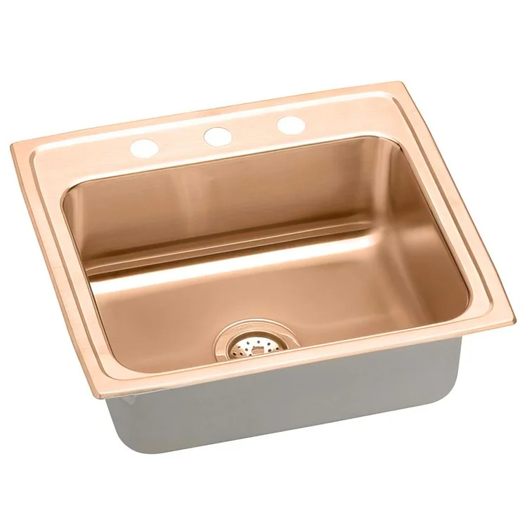 Kitchen Sink 22 x 19.5 Inch Single Bowl 3 Hole ADA Copper Drop-In Rectangle Drain Location Rear Center Depth 4 Inch Full Spray Sides and Bottom