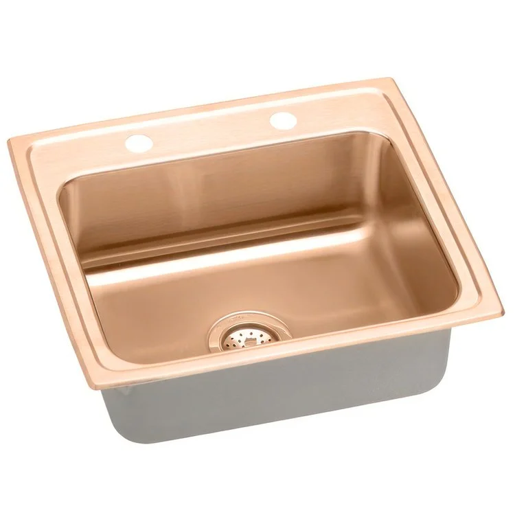 Kitchen Sink 22 x 19.5 Inch Single Bowl MR2 Hole ADA Copper Drop-In Rectangle Drain Location Rear Center Depth 5-1/2 Inch Full Spray Sides and Bottom