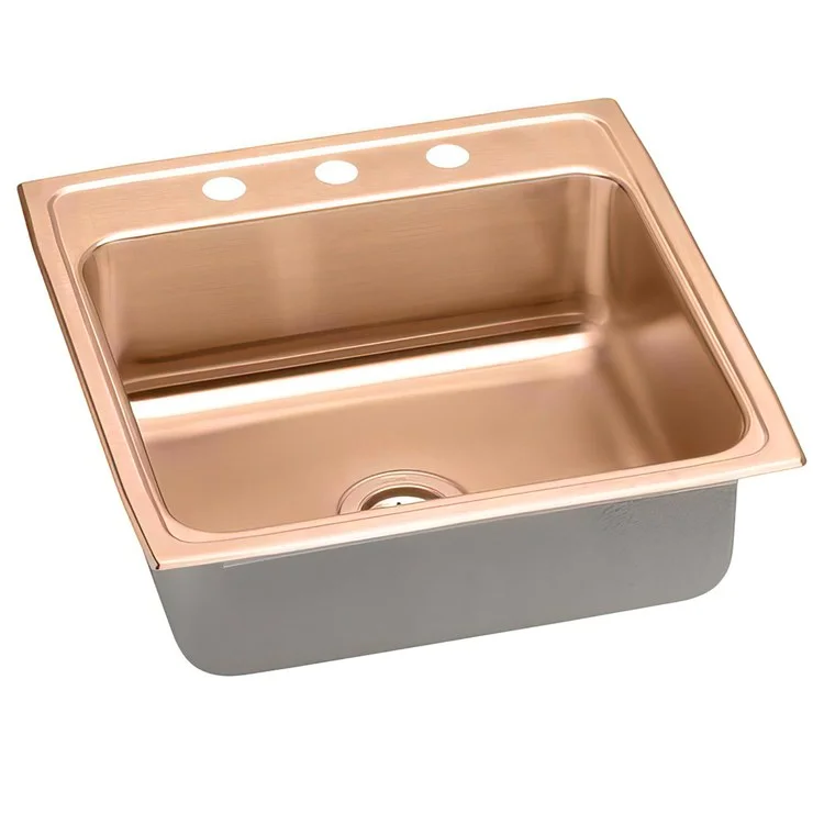 Kitchen Sink 22 x 22 Inch Single Bowl 3 Hole ADA Copper Drop-In Square Drain Location Rear Center Depth 5-1/2 Inch Full Spray Sides and Bottom