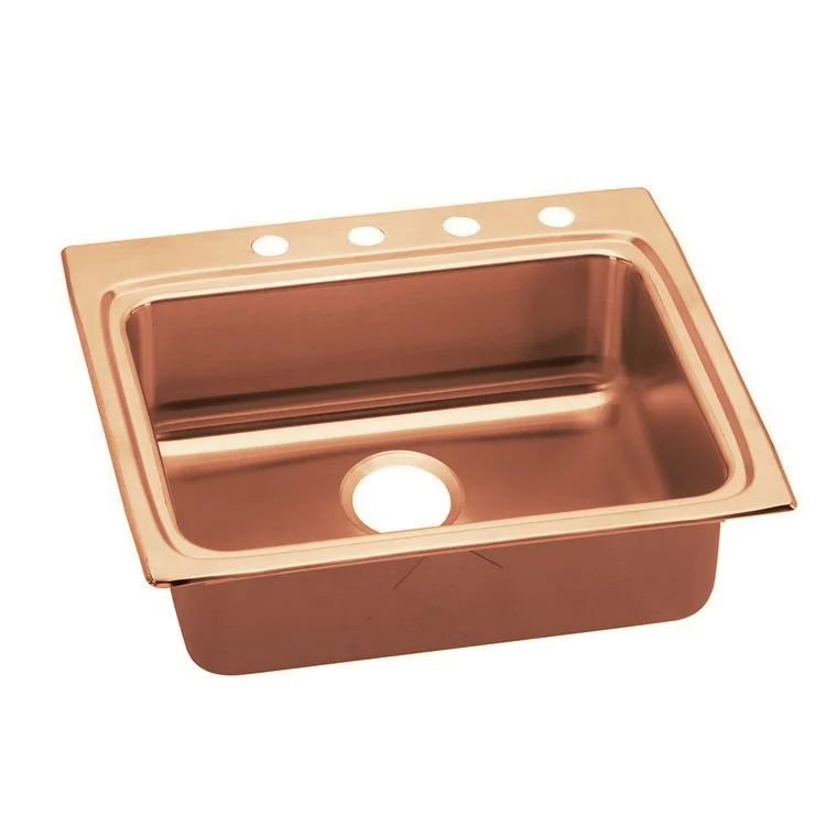 Kitchen Sink 25 x 22 Inch Single Bowl 2 Hole ADA Copper Drop-In Rectangle Drain Location Rear Center Depth 4 Inch Bottom Only Pads