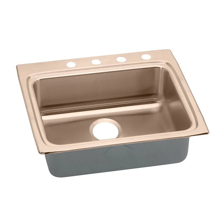 Kitchen Sink 25 x 22 Inch Single Bowl 4 Hole ADA Copper Drop-In Rectangle Drain Location Rear Center Depth 5 Inch Full Spray Sides and Bottom