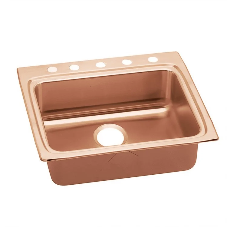 Kitchen Sink 25 x 22 Inch Single Bowl 5 Hole ADA Copper Drop-In Rectangle Drain Location Rear Center Depth 5 Inch Full Spray Sides and Bottom