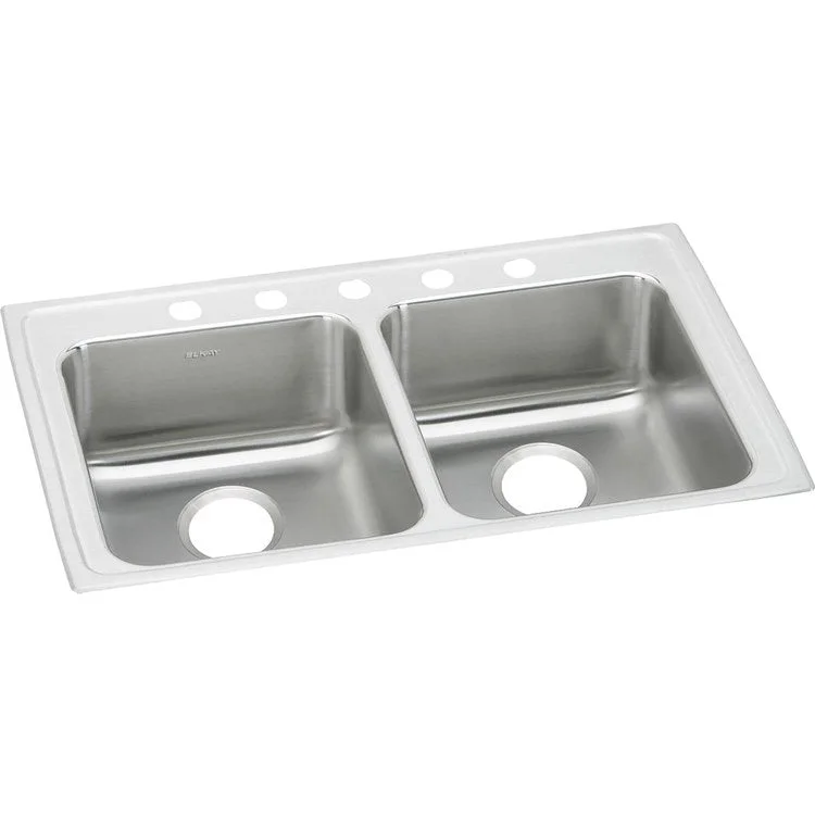 Kitchen Sink Lustertone Classic 33 x 21.25 Inch Double Bowl Equal 5 Hole ADA Lustrous Satin Drop-In Rectangle Drain Location Rear Center Depth 6 Inch Bottom Only Pads