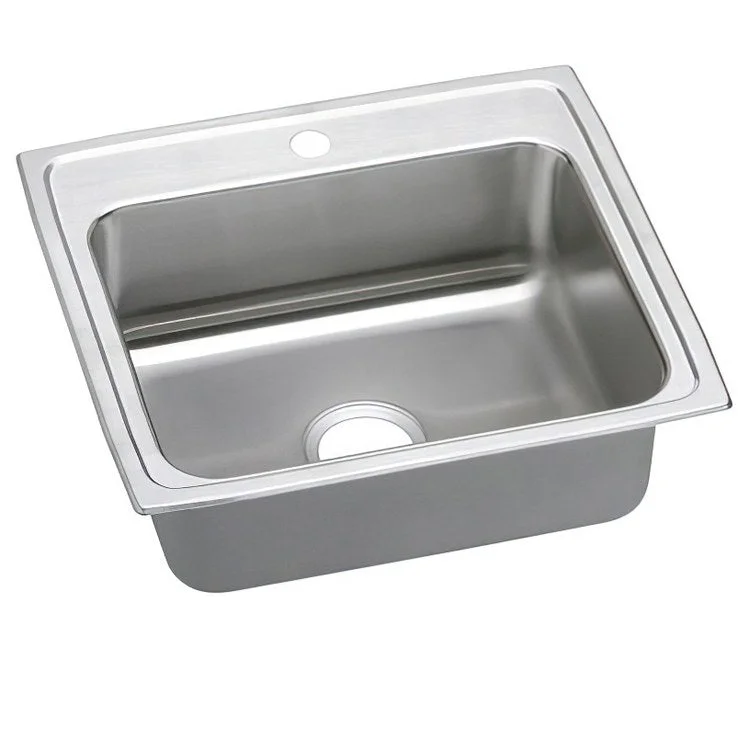 Kitchen Sink Lustertone Classic 25 x 21.25 Inch Single Bowl 1 Hole ADA Lustrous Satin Drop-In Rectangle Drain Location Rear Center Depth 6 Inch Quick Clip Mounting System Bottom Only Pads