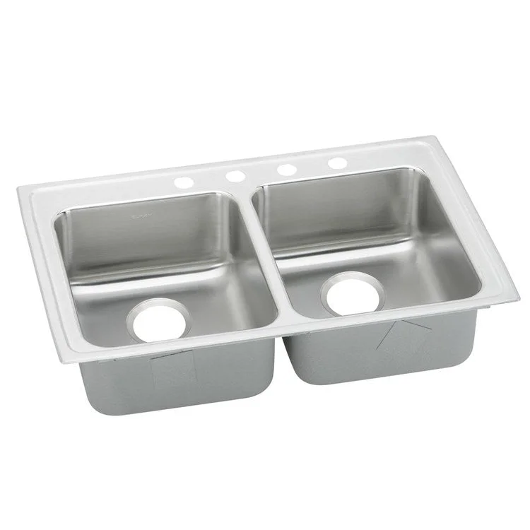 Kitchen Sink Lustertone Classic 33 x 19.5 Inch Double Bowl Equal 3 Hole ADA Lustrous Satin Drop-In Rectangle Drain Location Rear Center Depth 5-1/2 Inch Quick Clip Mounting System Bottom Only Pads