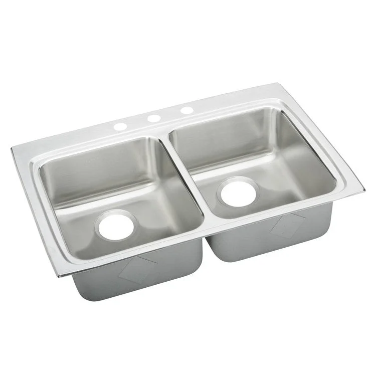 Kitchen Sink Lustertone Classic 33 x 22 Inch Double Bowl Equal 4 Hole ADA Lustrous Satin Drop-In Rectangle Drain Location Rear Center Depth 5 Inch Quick Clip Mounting System Bottom Only Pads