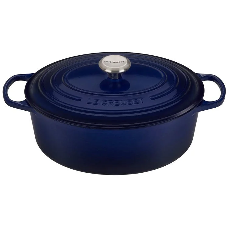 Signature 6.75-Quart Cast Iron Oval Dutch Oven with Stainless Steel Knob - Indigo