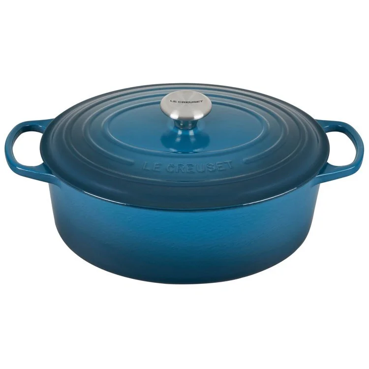 Signature 6.75-Quart Cast Iron Oval Dutch Oven with Stainless Steel Knob - Deep Teal