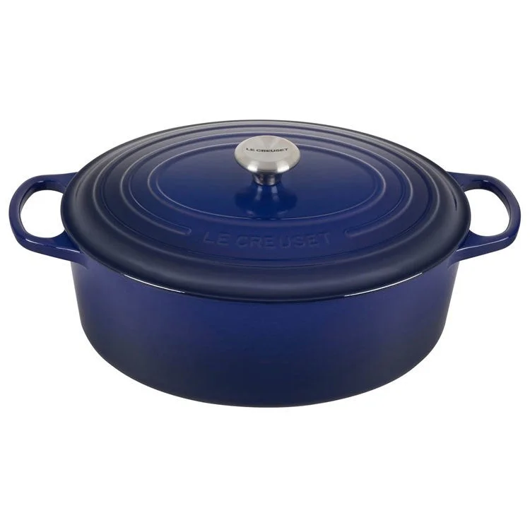 Signature 9.5-Quart Cast Iron Oval Dutch Oven with Stainless Steel Knob- Indigo