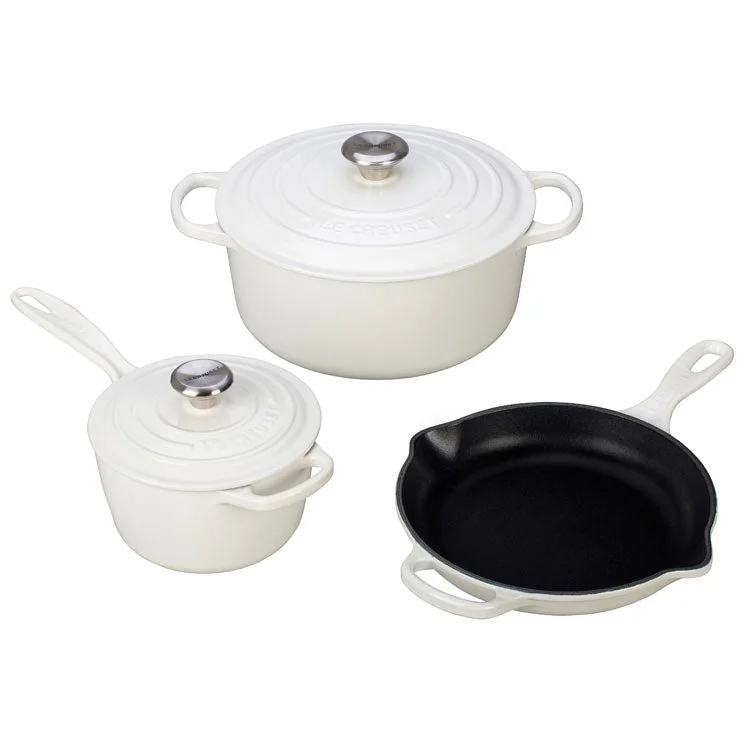 Signature Five-Piece Cast Iron Cookware Set with Stainless Steel Knobs - White