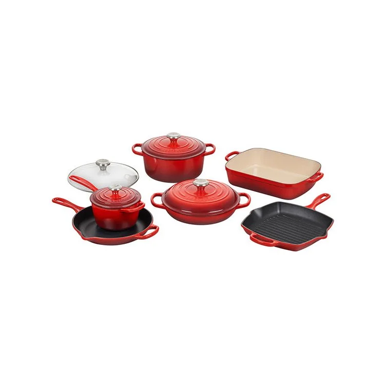 Signature 10-Piece Cast Iron Cookware Set - Cerise