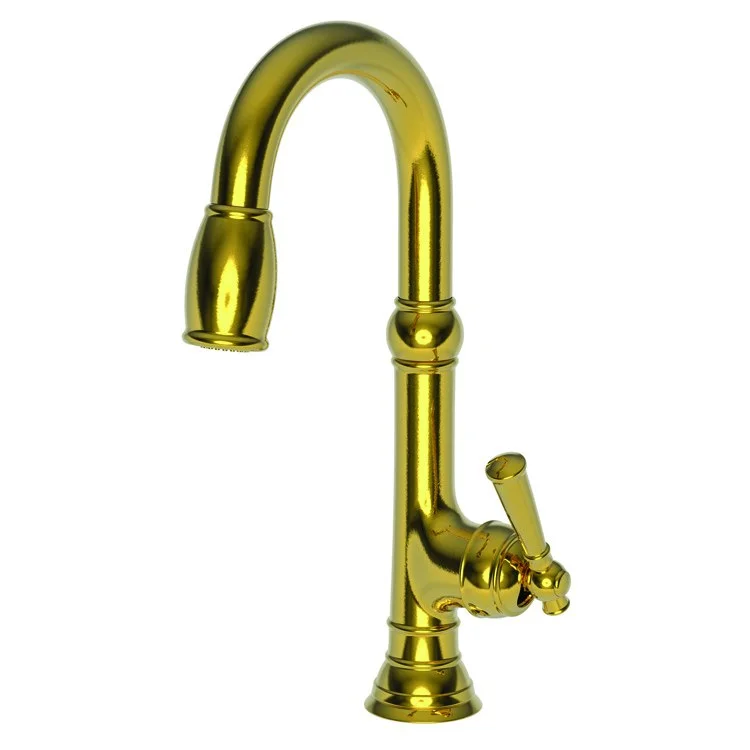 Bar Faucet Jacobean 1 Lever ADA Polished Brass Uncoated Living Pull Down Swivel Brass Spout Height 7-3/4 Inch 1.8 Gallons per Minute