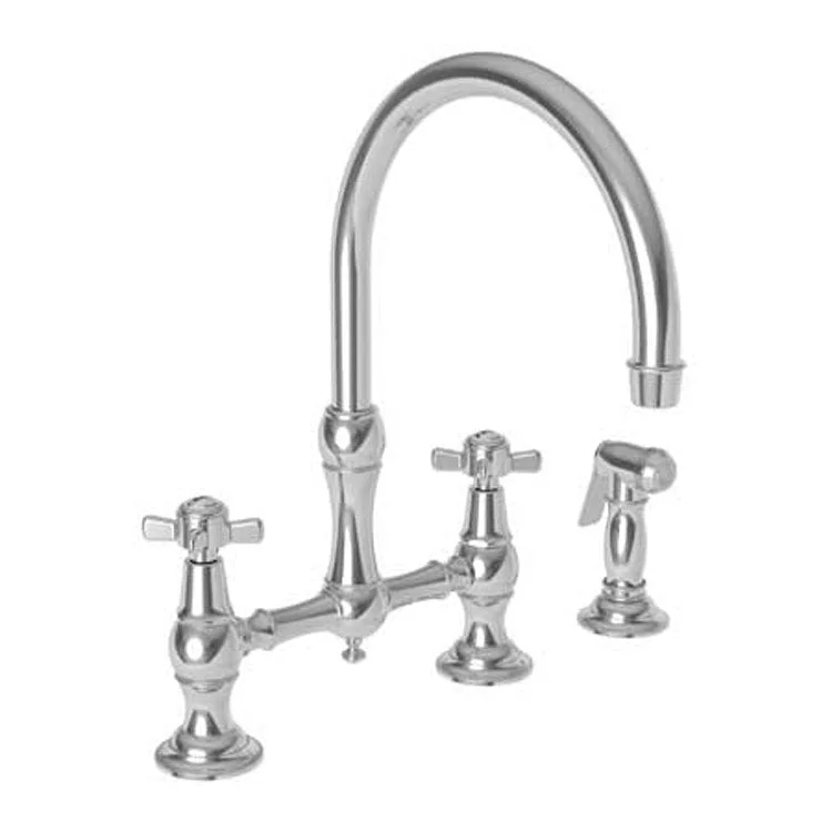 Kitchen Faucet Fairfield Bridge 8 Inch Spread 2 Cross ADA Antique Brass Side Spray Spout Height 9 Inch Spout Reach 9 Inch 1.8 Gallons per Minute