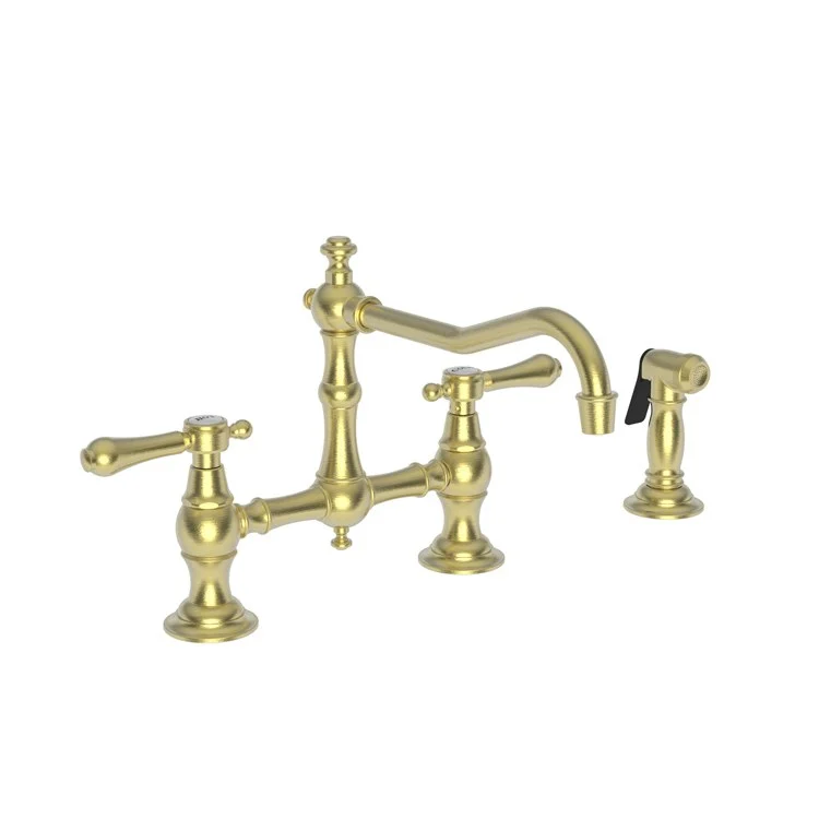 Kitchen Faucet Chesterfield Bridge 8 Inch Spread 2 Lever ADA Satin Brass PVD Pull Out Sidespray Spout Height 6-3/8 Inch Spout Reach 9-1/2 Inch 1.8 Gallons per Minute